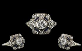Edwardian Period 1902 - 1910 Attractive Platinum Pave Set Diamond and Sapphire Dress Ring.