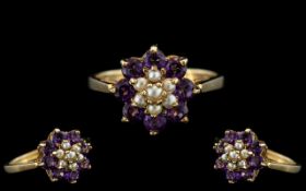 Ladies - Attractive 9ct Gold Amethyst and Seed Pearl Set Ring. Full Hallmark for 9.