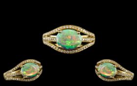 18ct Gold - Attractive Diamond and Opal Set Ring, Excellent Opal with Strong Colours,