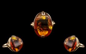 Ladies - Attractive 14ct Gold - Natural Amber Set Dress Ring ( Single Stone ) Excellent Setting.