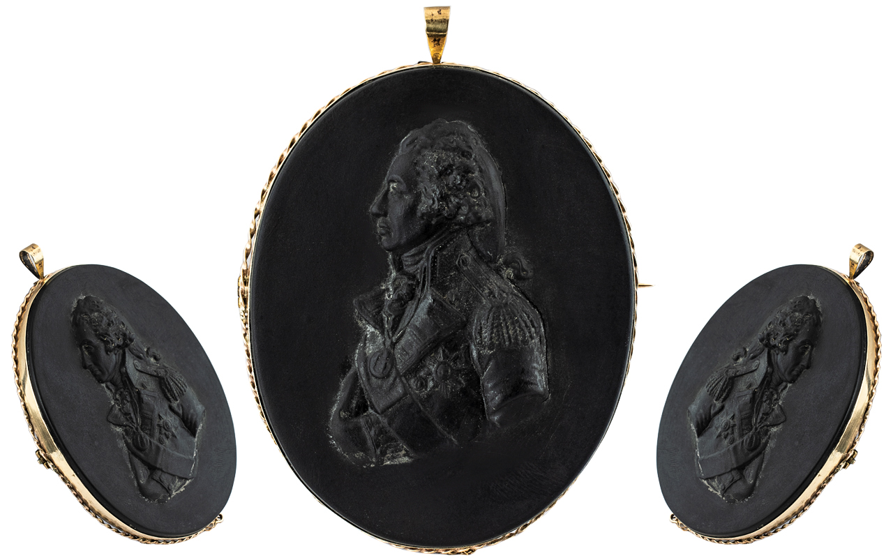 George III - Large and Fine Quality Carved Black Basalt Portrait Cameo / Plaque Brooch, Mounted - Image 3 of 3