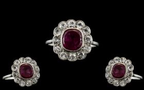Antique Period - Attractive 18ct White Gold Ruby and Diamond Set Cluster Ring,