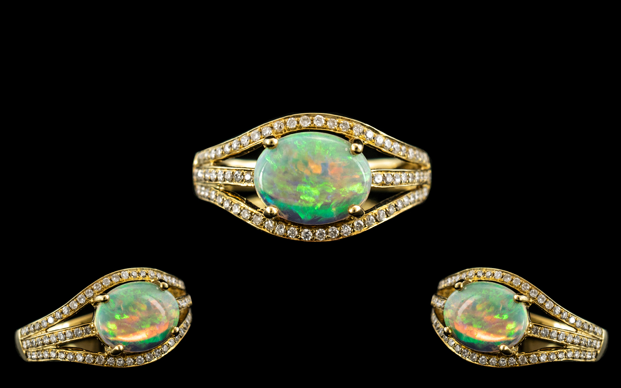 18ct Gold - Attractive Diamond and Opal Set Ring, Excellent Opal with Strong Colours, - Image 3 of 3