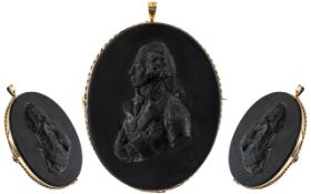George III - Large and Fine Quality Carved Black Basalt Portrait Cameo / Plaque Brooch, Mounted