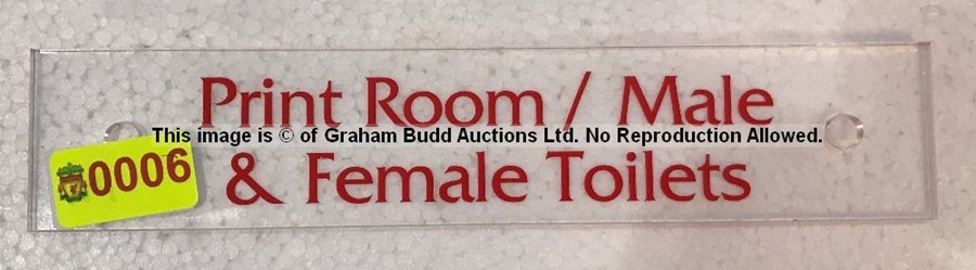 Clear acrylic PRINT ROOM / MALE & FEMALE TOILETS door sign from the Captains Corridor at Liverpool