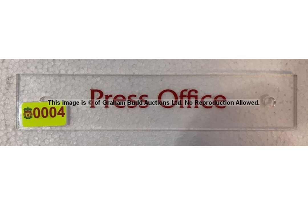 Clear acrylic PRESS OFFICE door sign from the Captains' Corridor at Liverpool Football Club's