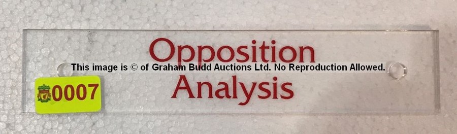 Clear acrylic OPPOSITION ANALYSIS door sign from the Captains' Corridor at Liverpool Football Club's