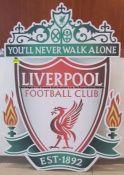 Large metal LFC colour crest from the Press Conference Room at Liverpool Football Club's Melwood