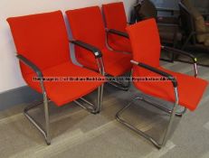 Four matching red upholstered audience chairs from the Press Conference Room at Liverpool Football