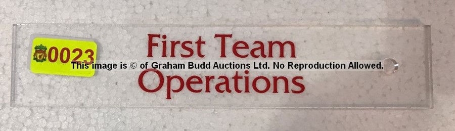 Clear acrylic FIRST TEAM OPERATIONS door sign from the First Floor Landing at Liverpool Football