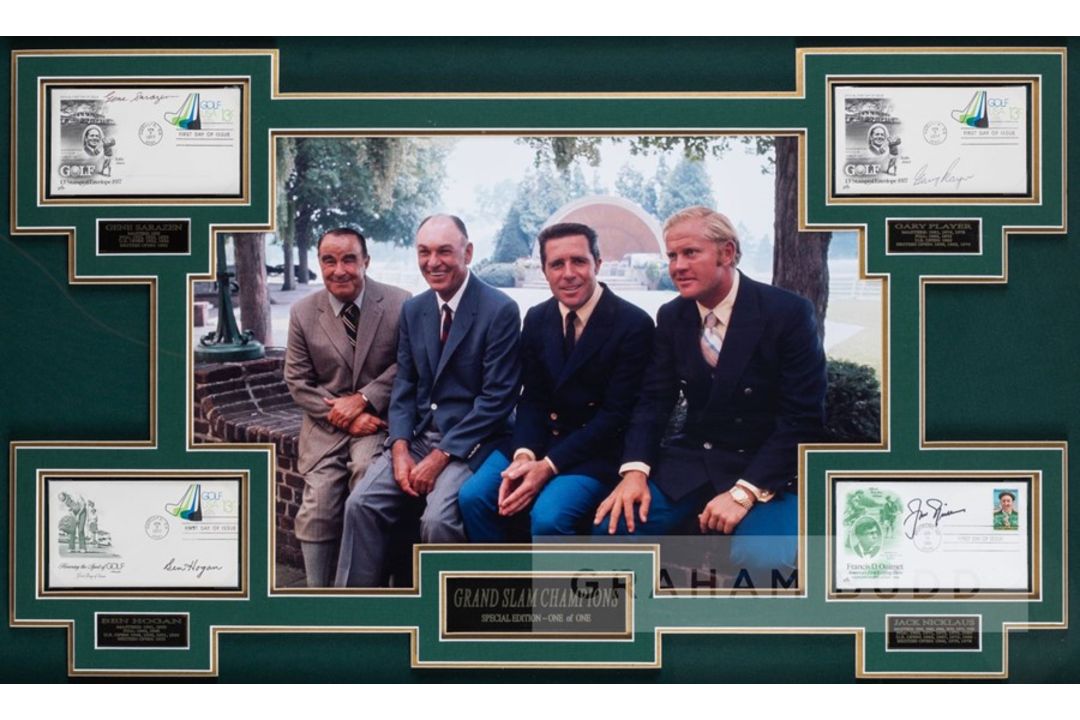 Autographed LeRoy Neiman golf print framed presentation, with original autographs of the the
