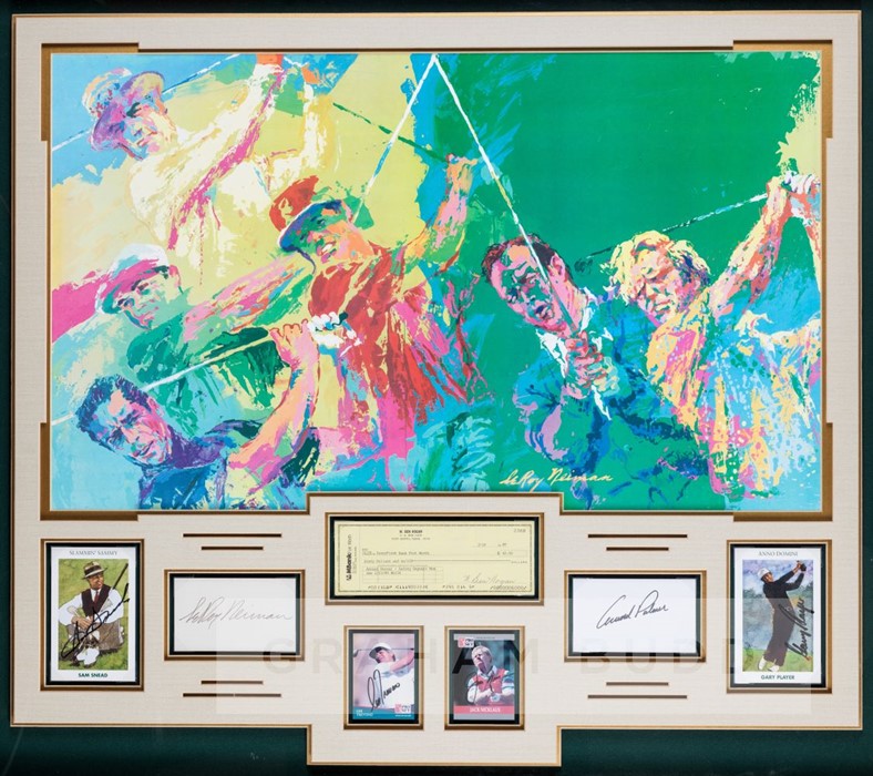 Four Grand Slam golfers autographed framed presentation, mounted with First Day Covers signed by