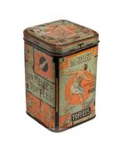 An original 1928 Amsterdam Olympic Games Van Melle’s Toffees tin, of tall square proportions with