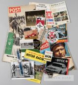 Large collection of motor sports memorabilia, badges, stickers, patches, magazines, brochures,