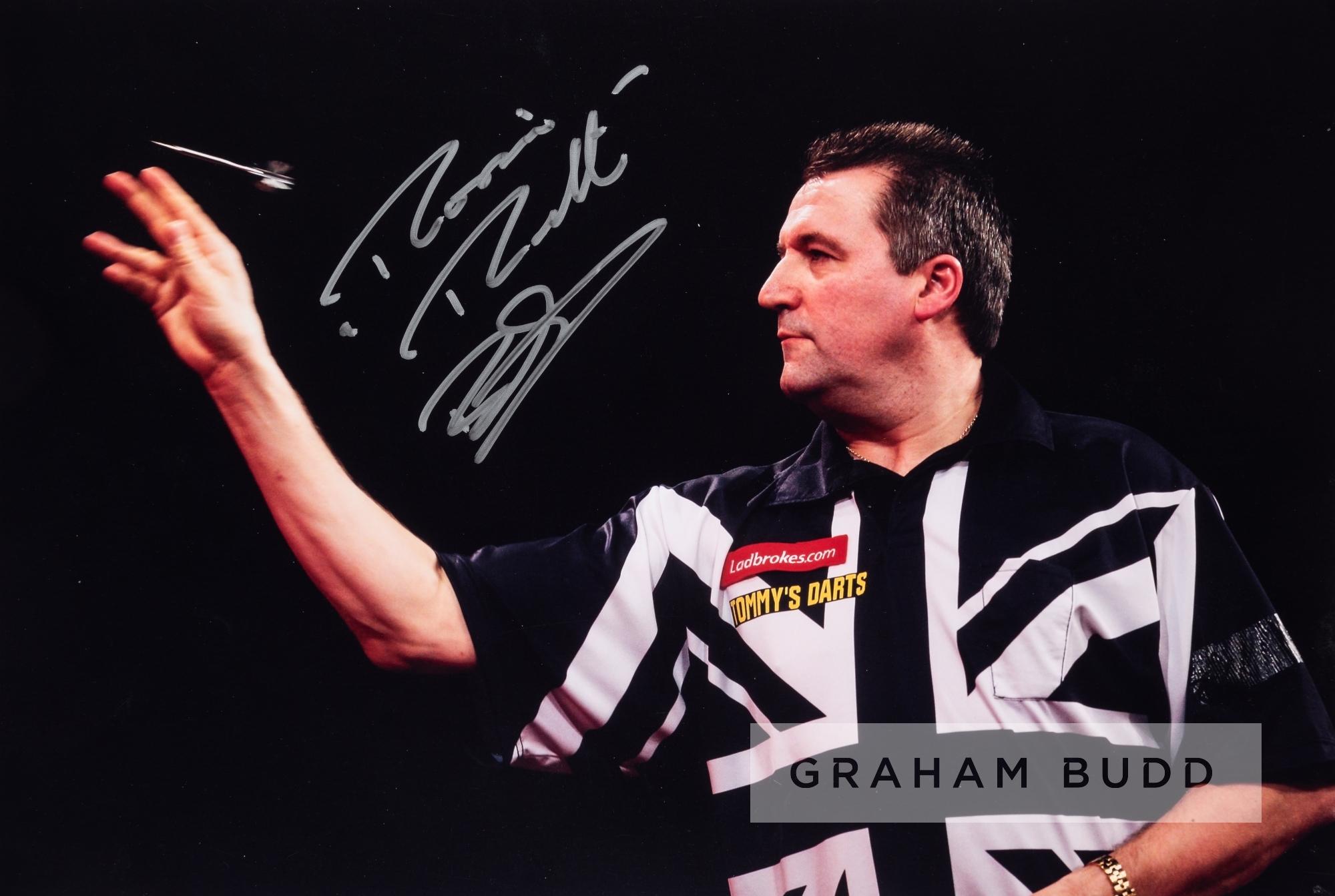 Darts players Keith Deller, Jelle Klaasen, Ronnie Baxter and Kevin Painter signed photographs,
