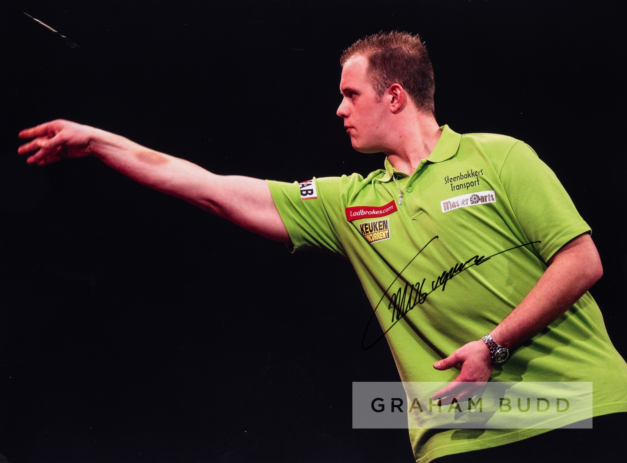 Darts players Michael Van Gurwen, Dennis Priestley and Terry Jenkins signed photographs, three 16 by