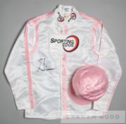 Racing colours of Lady Cecil signed by the jockey Ryan Moore circa 2013, white with pink seams and
