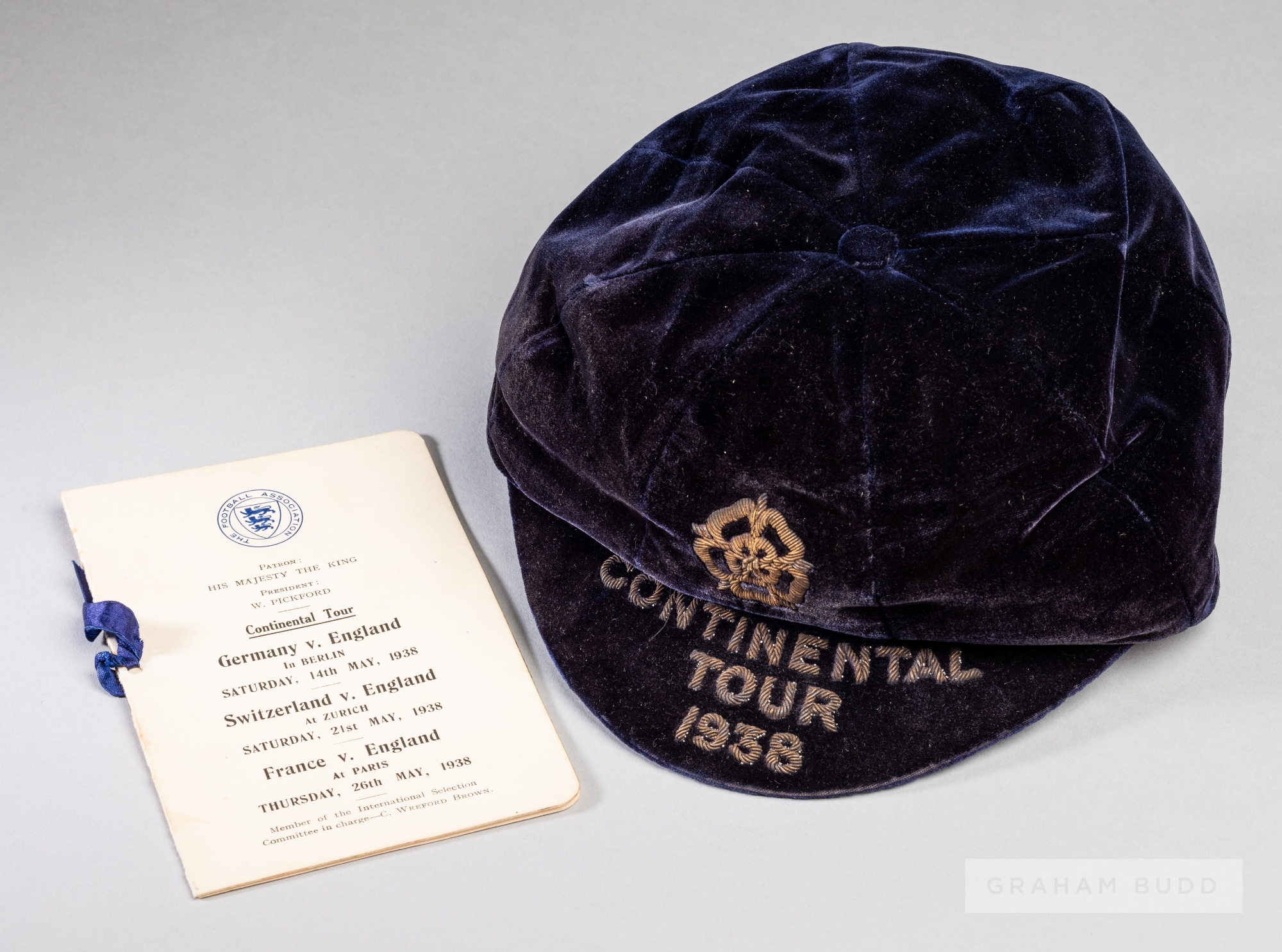 Blue England cap awarded to Arsenal's Cliff Bastin for the the 1938 Continental tour and covering