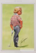 Jack Nicklaus signed John Ireland caricature, 32 by 22cm. signed in black marker pen, print