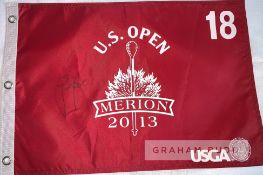 Justin Rose (ENG) signed 2013 US Open winner's flag from Merion Golf Club, Ardmore, Pennsylvania,