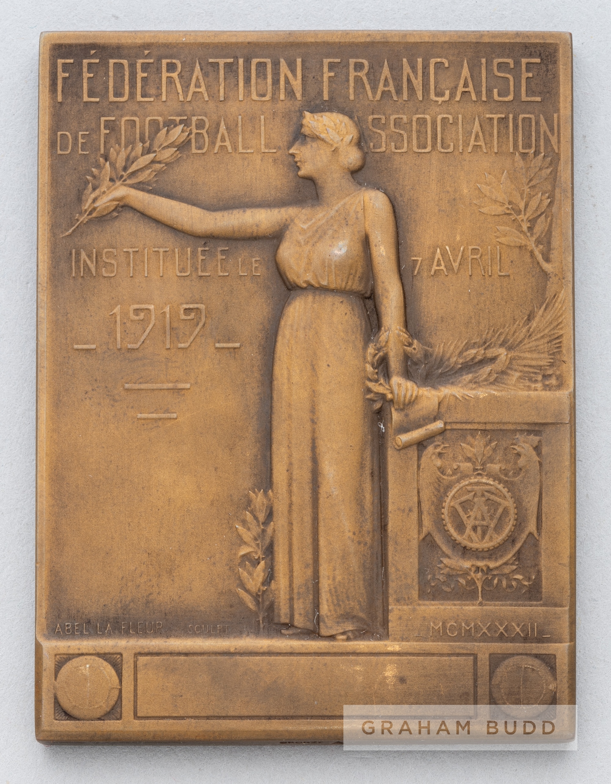 French Football Association bronze medal plaque awarded to England's Arsenal striker Cliff Bastin