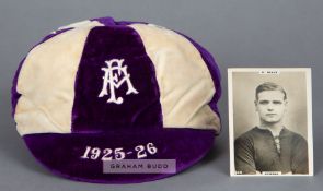 Purple and white Football Association International Trial Match cap awarded to Arsenal's Alf Baker