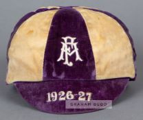 F.A. International Trial Match cap awarded in 1926-27, the purple and white quartered velvet cap