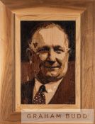 Marquetry work portrait of Arsenal FC's legendary manager Herbert Chapman by the artist Rob Bishop