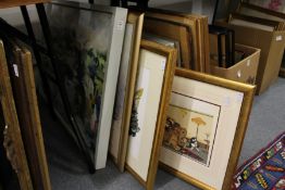 An abstract river landscape, oil on canvas and various other paintings and prints.