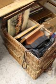 Two wicker hampers containing miscellaneous collectables to include binoculars etc.