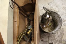 Various metal ware to include a companion set, wrought iron brackets etc.