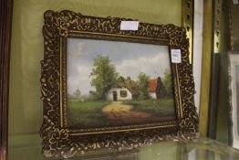 A small oil painting, a rural scene with a cottage and path, oil on board.