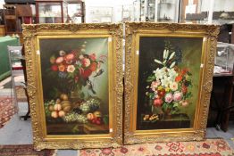 A good pair of still lifes of flowers in a vase and flowers and fruit on a ledge, each in decorative