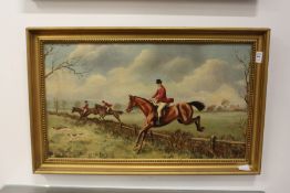 Michael Wood 'Hunting Scene with Figures on Horseback Jumping a fence' oil on canvas, signed.