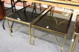 Two brass framed and smoked glass rectangular coffee tables.