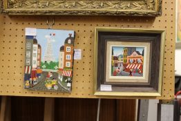 A small modern oil depicting figures in a street scene and another depicting the Eiffel Tower.