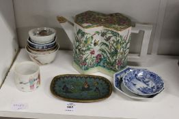 A Chinese Famille Rose lozenge shaped teapot and various other oriental wares.