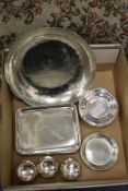 Silver plated coasters, a circular bowl and three salts.