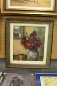 A still life of flowers in a vase next to a bowl, oil on board, signed.