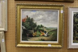 'Farmyard Scene with Chickens' oil on canvas, decoratively framed.