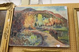 Impressionist school, abstract landscape, oil on canvas indistinctly signed, unframed.