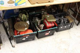 Decorative items to include wrought iron brackets, brass and wrought iron stand, weighing scales, TV