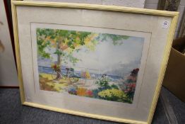 'A Continental Coastal Landscape with a Bicycle by a Tree' colour print, signed.