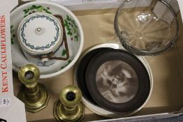 Brass candlesticks, a Port Meirion bowl and other items.
