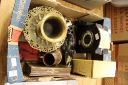 A slate mantle clock, a bronze pestle, a brass tazza and other collectables.