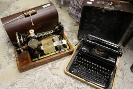 A sewing machine and a typewriter.