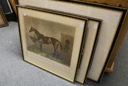 A colour print of a racehorse and a pair similar.