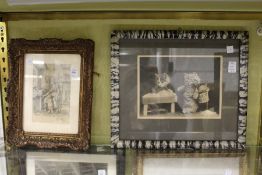 A print of a mother and child interior scene together with an amusing photographic print of two