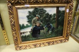 'Catching Fish, Three Figures by a Riverside' oil on canvas.