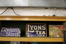 An old Lyon's tea enamel sign, a Colman's Starch sign and Vim cleaner printed metal sign.